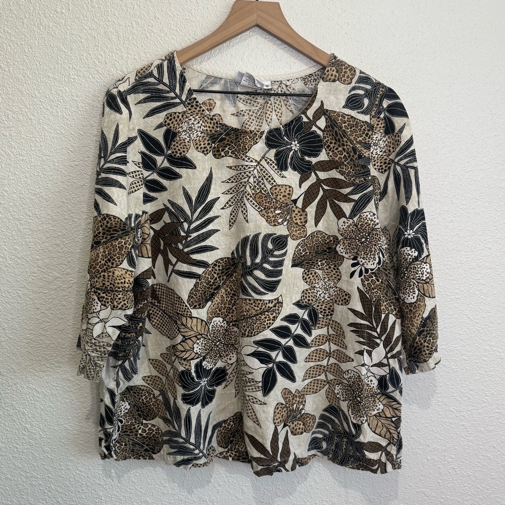 Hot Cotton Womens 1x Nature Botanical Linen‎ Boho Artsy Blouse Quarter Sleeve